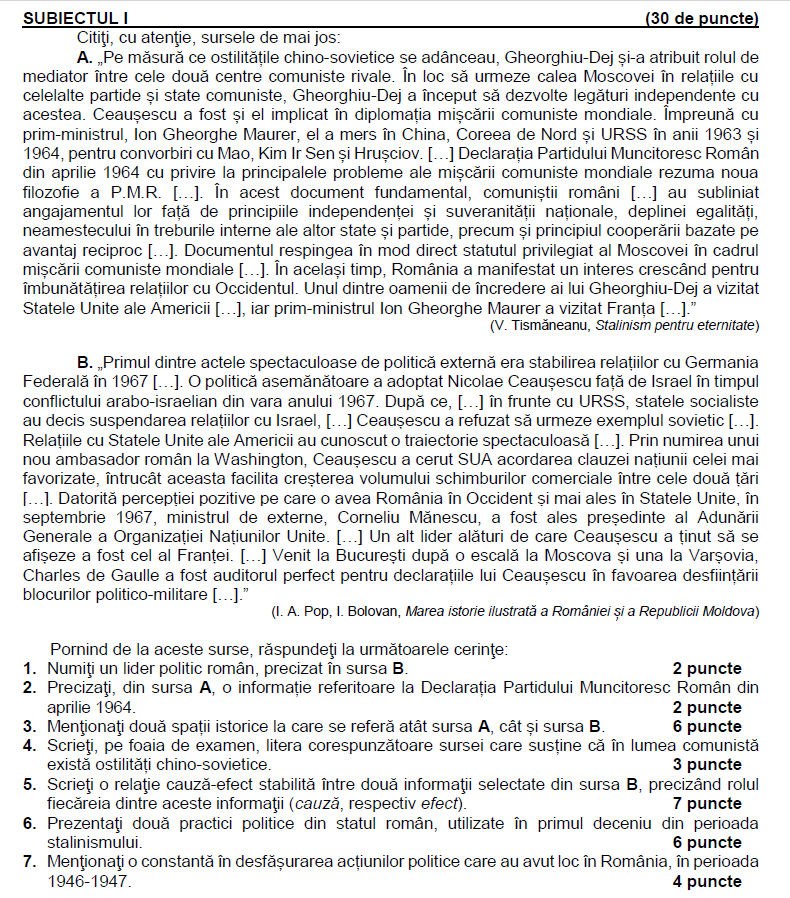 Teste de antrenament la Bacalaureat 2024. Modele de subiecte la Istorie